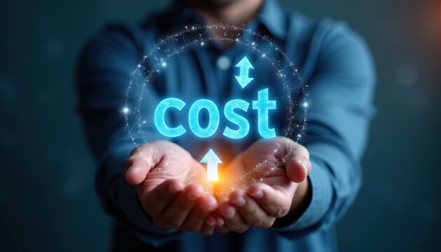 Person holds glowing word cost with arrows showing price increase and decrease. Business finance concept for budget, savings, and investment strategy.