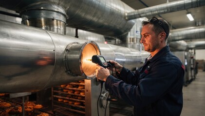 Naklejka premium Technician uses handheld device to measure airflow distribution inside large industrial oven ducts ensuring balanced ventilation for optimal baking process performance.