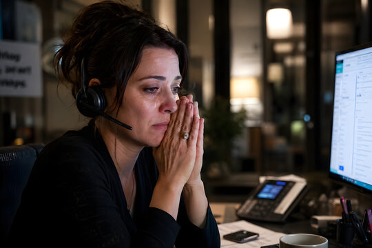 Stressed female call center agent during difficult customer conversation in modern office, emotional business support scene with headset, realistic workplace tension and cinematic lighting.
