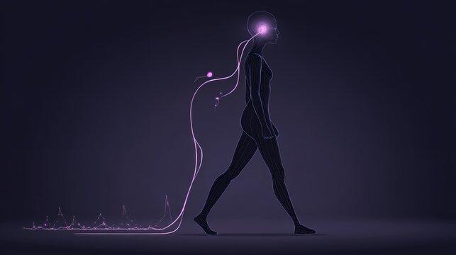 Futuristic Artificial Intelligence Concept with Wireframe Human Silhouette Walking and Glowing Neural Connection on Dark Background