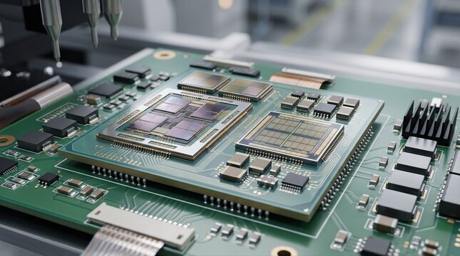 Medium shot showing onsite chiplet integration featuring CPU and AI accelerator modules combined on a common interposer highlighting innovation in artificial intelligence hardware