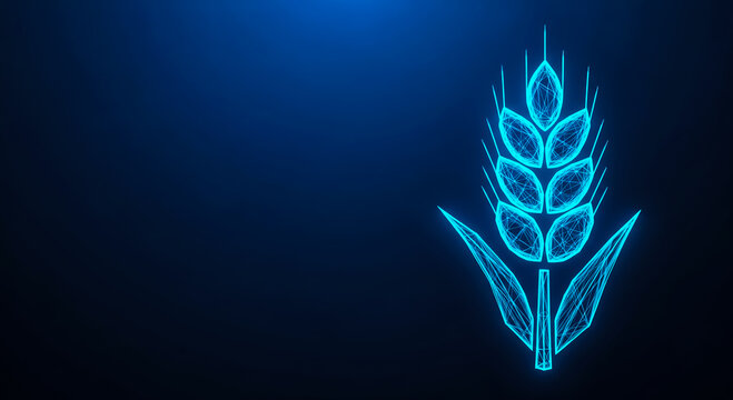 A futuristic, glowing blue wheat ear illustrated in digital art style, set against a dark background, symbolizing technology and nature.