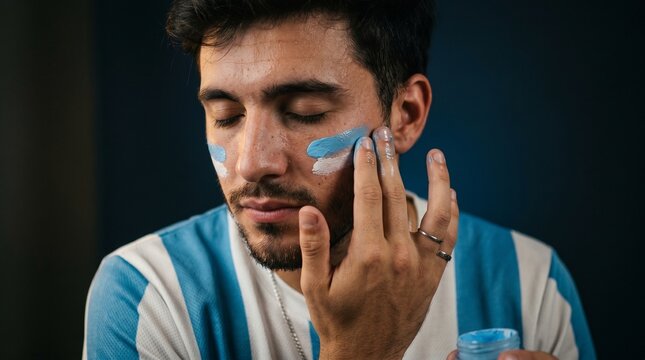 Young Argentinian football fan applying blue and white face paint to his cheeks while wearing a national team jersey