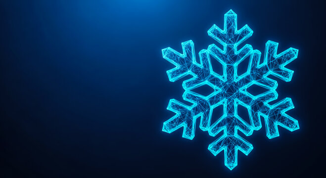 A vibrant, glowing blue snowflake with intricate patterns stands out against a dark, contrasting background.
