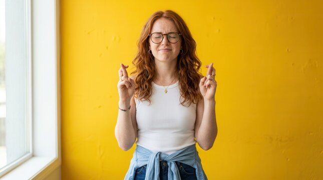 Young woman crossing fingers hoping for good luck