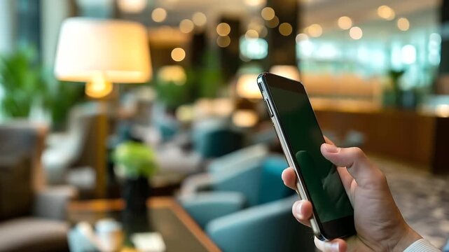 Faceless hand holding a smartphone with a green screen mockup in a luxury hotel lobby with soft lamps and armchairs visible, defocused background, travel booking app concept, with