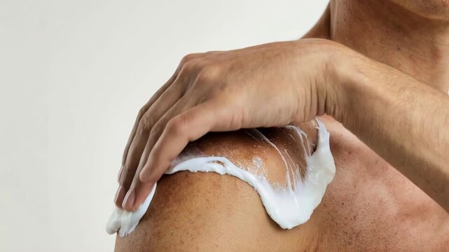 Close-up of a person applying white cream to a freckled shoulder. Skincare and sun protection routine. Dermatological health and moisturizing concept