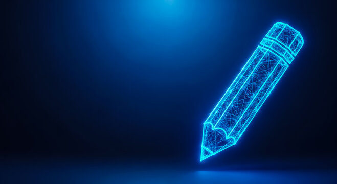 A futuristic neon blue pencil with a geometric wireframe design floating on a dark background.