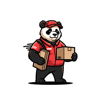 Cute panda delivery person in uniform holding boxes, fast shipping logo, cartoon style