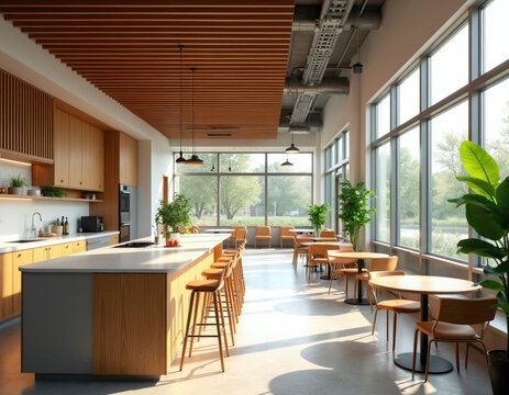 Modern office breakroom with kitchen island and seating area. Large windows offer natural light. Wood accents create warm, inviting space for employees to relax and connect.
