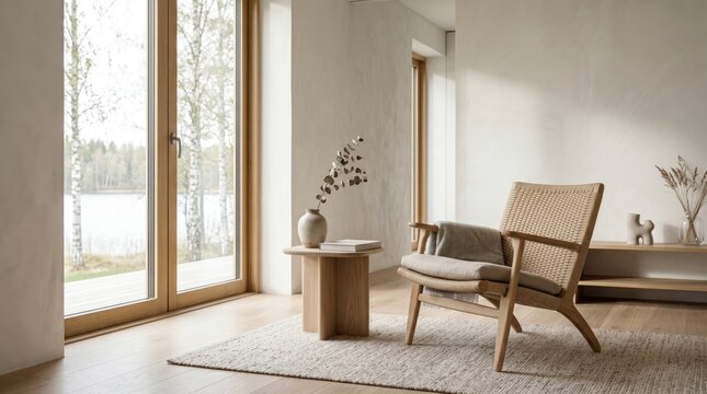 Modern armchair by large window with plant