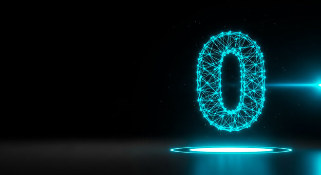 A glowing, futuristic digital number '0' rendered in 3D with a dark background and neon-blue lighting effects