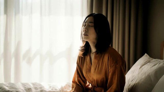 Contemplative Asian woman sitting on a bed in a rust robe. Pensive woman looking away in a sunlit bedroom. Mental health and reflection concept