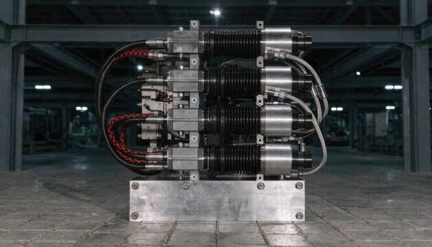 Medium shot of a blockmounted hydraulic manifold with actuators showcasing precise mechanical assembly in an industrial setting.