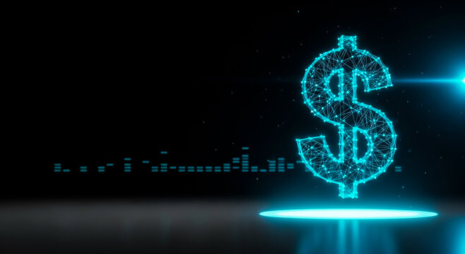 A glowing digital dollar sign hologram on a dark futuristic background with abstract lines and dots.