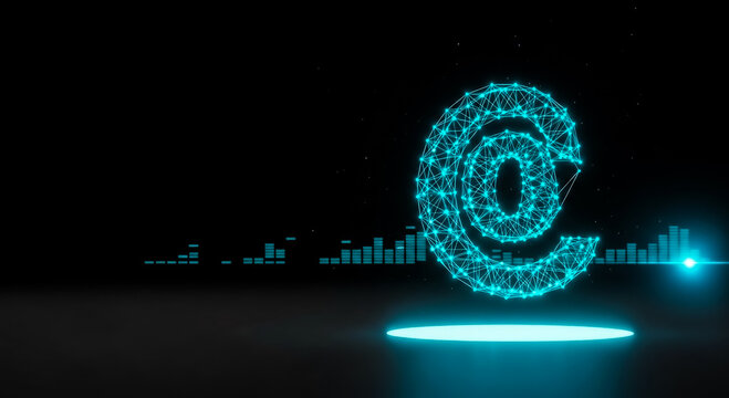 A glowing copyright symbol in a dark, tech-inspired setting with digital elements and modern design.