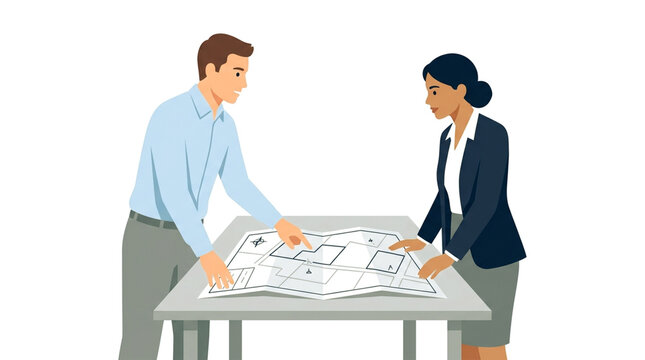 Surveying Series: Meeting in the Office, Architects and Engineers Reviewing Blueprints on Table, Generative AI
測量シリーズ：事務所で打ち合わせ、テーブルの上の図面を確認する建築家とエンジニア、AI生成