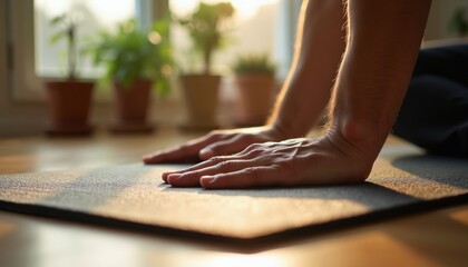 Obraz premium Man begins yoga practice hands on mat in bright room. Plants on windowsill add natural calm. Morning sun light warms room. Healthy man stretches body for wellness.