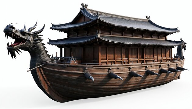 Detailed 3D render of an ancient Korean warship. Wooden hull features a fierce dragon head prow and cannon ports. Traditional East Asian architecture on deck, isolated on white.