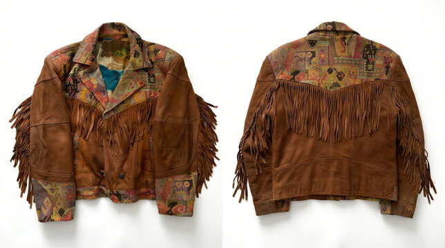 Brown Fringed Leather Jacket With Embroidery Front and Back Mockup