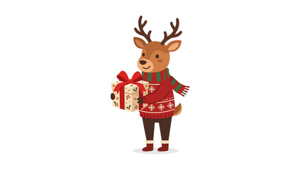 Fototapeta premium Charming cartoon reindeer character in a festive red sweater, joyfully holding a beautifully wrapped Christmas present, perfect for seasonal greetings and holiday celebrations
