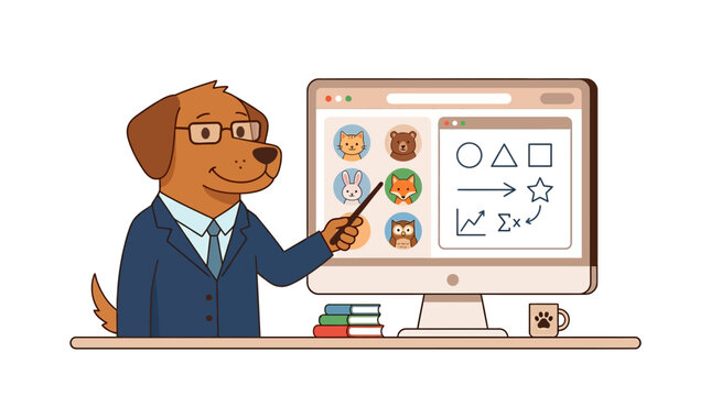 Canine instructor guiding a virtual class on creative software tools and geometric principles, emphasizing interactive online education and digital learning environments