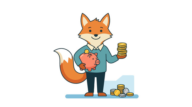 Adorable cartoon fox holding a piggy bank and coins, representing savings and financial planning, ideal for educational or financial content