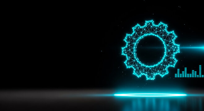 A glowing gear icon in cyan on a dark background with abstract data visualization elements and lines.