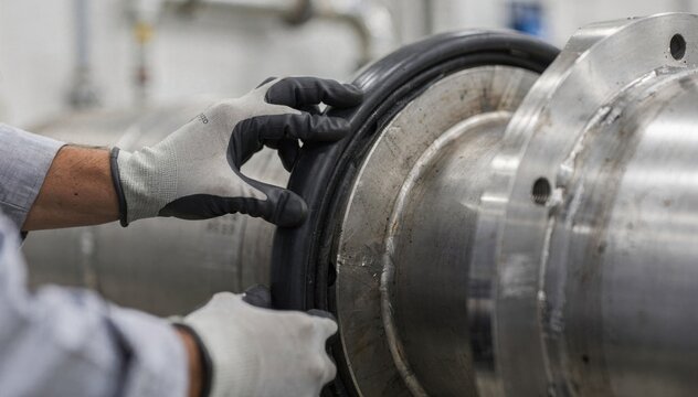 Medium shot of a technician carefully fitting a flexible elastomer seal into a deep groove ensuring a precise and tight fit for fluid containment in industrial piping.