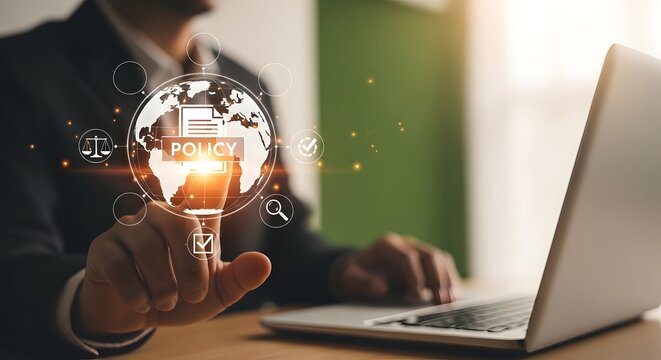 Global policy and legal compliance concept with digital interface