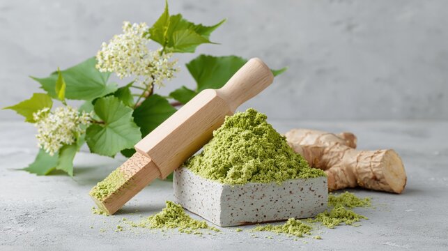 陶器の台に盛られた新鮮なすりおろしわさび。木製のおろし金と生の山葵の根。和食の薬味と調理道具の静物写真