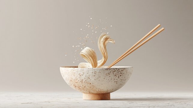 陶器の器に盛り付けられたラーメンの麺で作られた白鳥。箸を添えたミニマルなフードアート。創造的な料理の演出