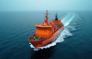 Fototapeta premium Bright orange research vessel navigates deep blue ocean, leaving white wake. Ship explores sea depths for offshore energy projects, charting ocean floor with sonar tech.