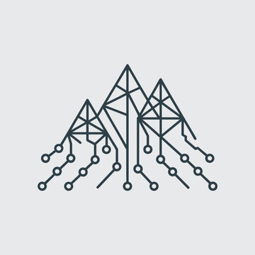 Ascending mountain peaks with circuit nodes &ndash; Suitable for linked growth, topographical networks, or professional achievement themes.