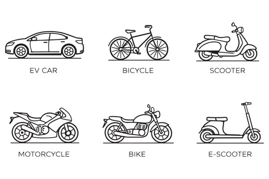 Set of Transport Icons: EV Car, Bicycle, Scooter, Motorcycle, Bike and E‑Scooter Line Art