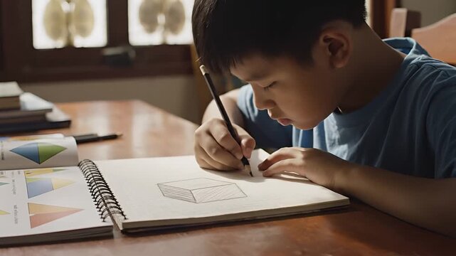 Young boy focused on drawing in a sketchbook at a wooden table.