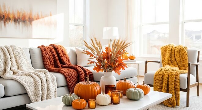 Autumn living room interior decorated with pumpkin, knitted throw and wheat bouquet. Thanksgiving home decor with orange blanket and fall folliage for seasonal comfort. Festive house design concept