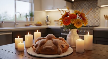 Pan de muerto on kitchen table with lit candles and marigold flowers. Traditional food for Day of the Dead celebration. Festive home decor for holiday remembrance of ancestors and culture custom