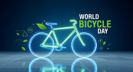 Fototapeta premium World bicycle day neon illustration with eco friendly elements
