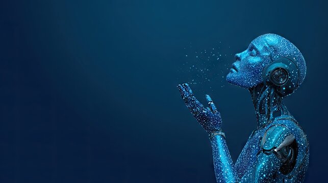 Futuristic cyborg figure with glowing particles against a dark blue background