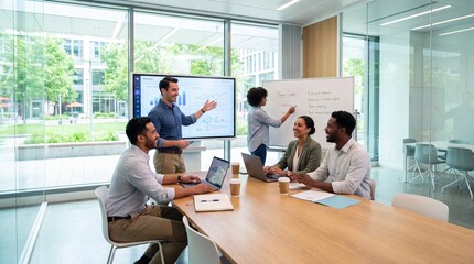 Fototapeta premium Diverse business team collaborating, brainstorming in modern office, meeting around wooden conference table