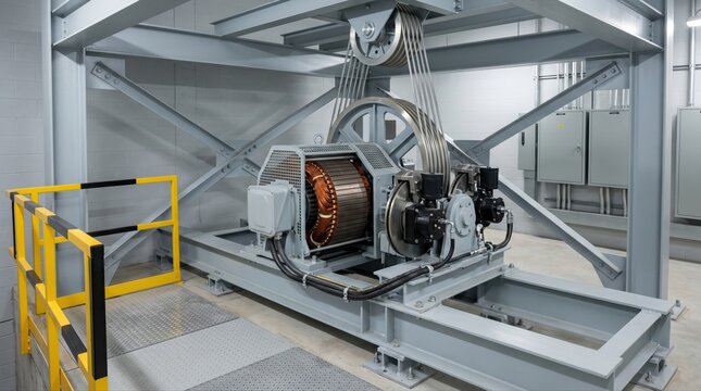 Medium shot of gearless traction motor and brake assemblies during new installation highlighting overhead sheaves and structural components in a clean machine room setting.