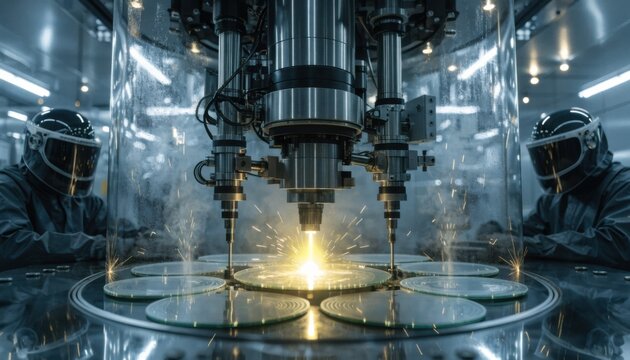 Closeup medium shot of highenergy ion implantation machine meticulously embedding dopants into silicon wafers inside a sterilized shielded bay with operators monitoring controls.