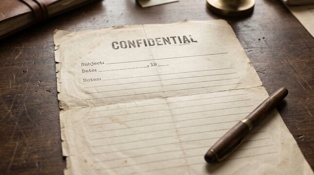Old confidential document with pen lying on a rustic wooden desk, showing a vintage secret paper.