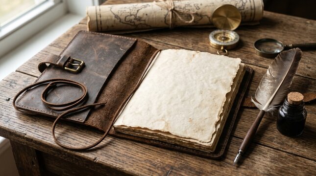 Open leather journal with blank pages resting on wooden table alongside quill and compass.