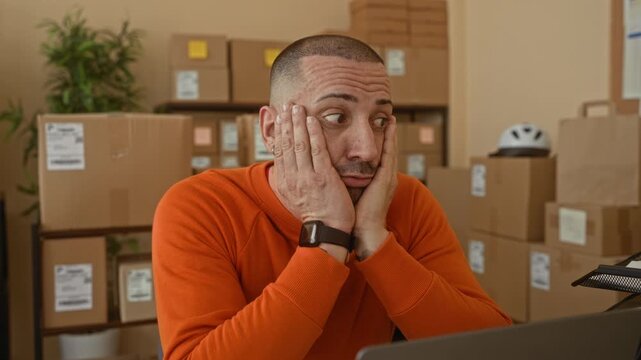Man in orange sweater with laptop and stacks of boxes, hand on cheek checking screen in building parcel office; frustration small business.