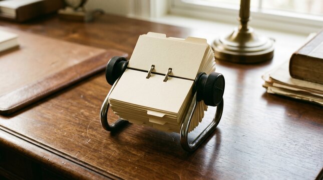 Vintage Rolodex card file on antique wooden desk with books and lamp.