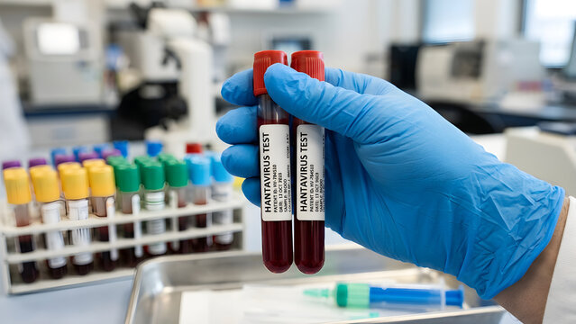 Blood test tubes, medical laboratory, healthcare, science, blue gloves