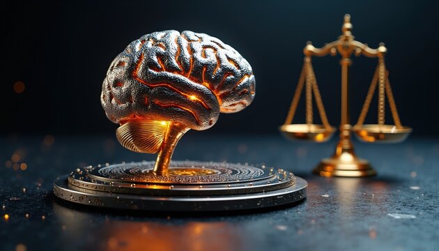 Metallic AI brain sits beside golden scales of justice. Represents ethical AI, law, accountability, and fair tech decisions in modern society and industry.