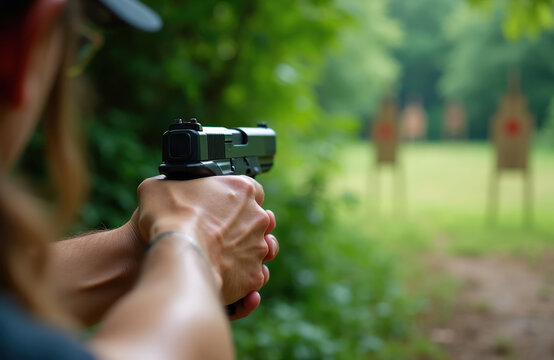 Person aims handgun at paper targets on outdoor shooting range. Focus on accuracy, firearm skill, and safe gun practice in nature. Recreational hobby and sport activity.